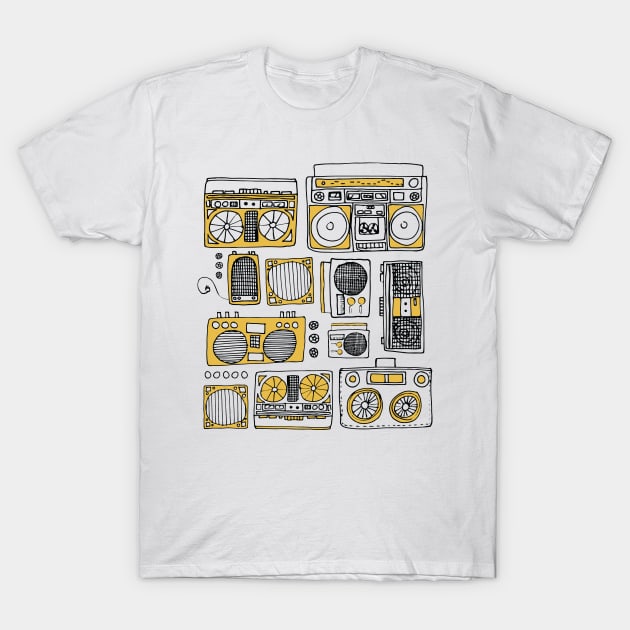 Boomboxes (Black and Yellow Ink) T-Shirt by BigBridgeStudios